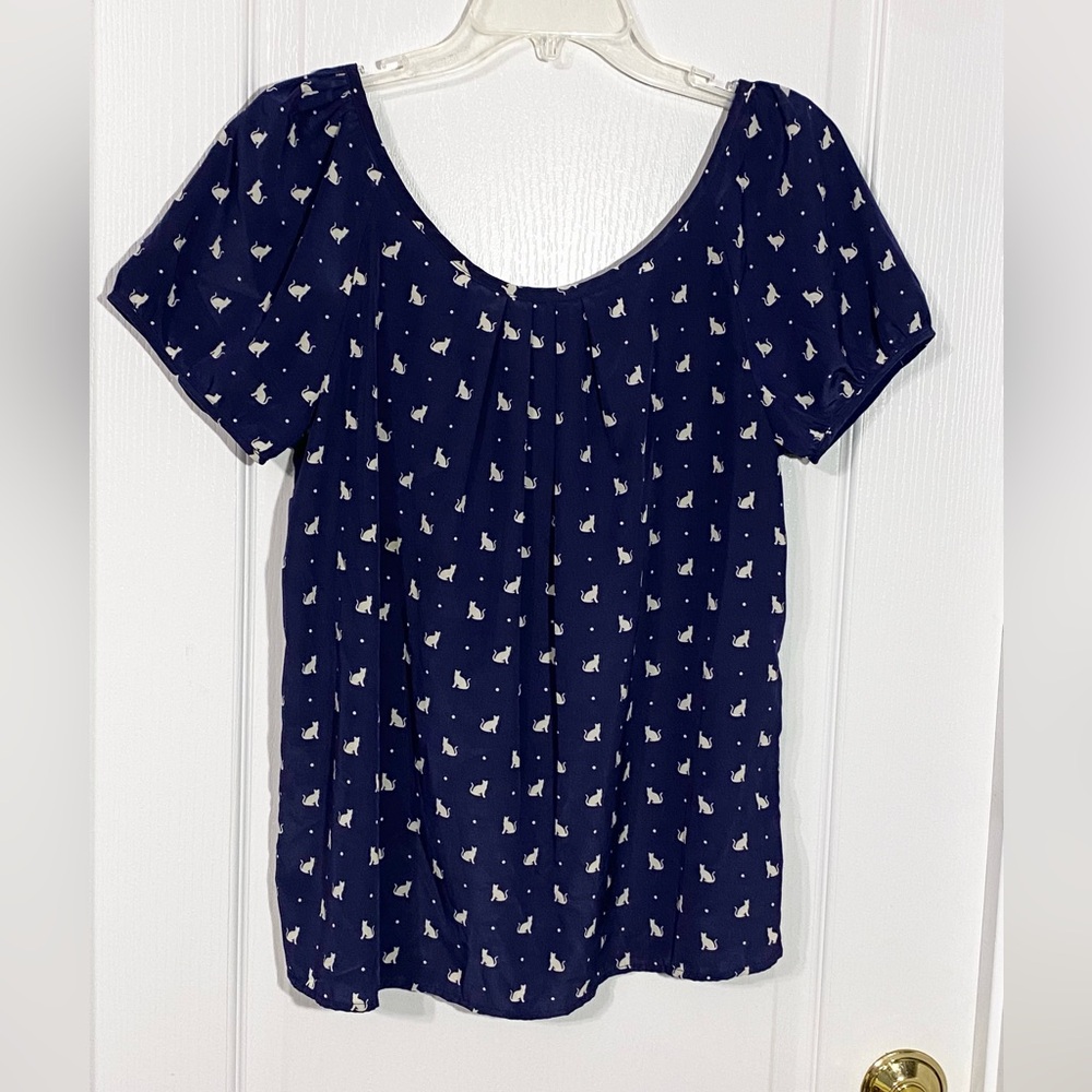 Old Navy CAT Print Puff Sleeve Bow Back Blouse Navy White Large